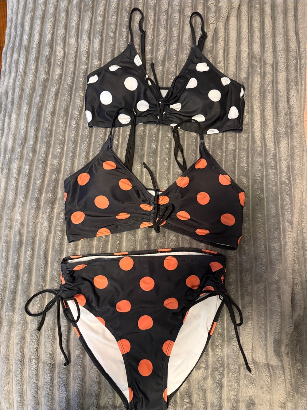 SHEIN Black Polka Dot Bikini Set with White and Orange Dots